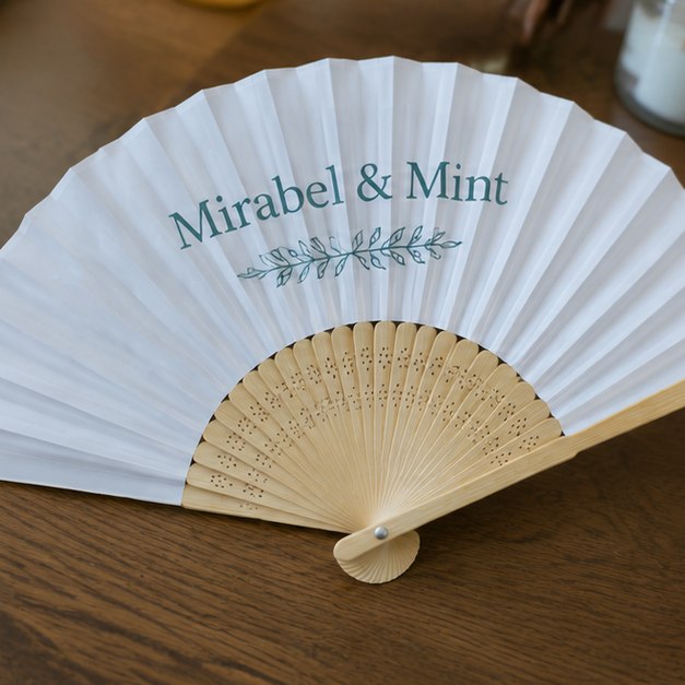 Bamboo fans with logo printing — customer photo